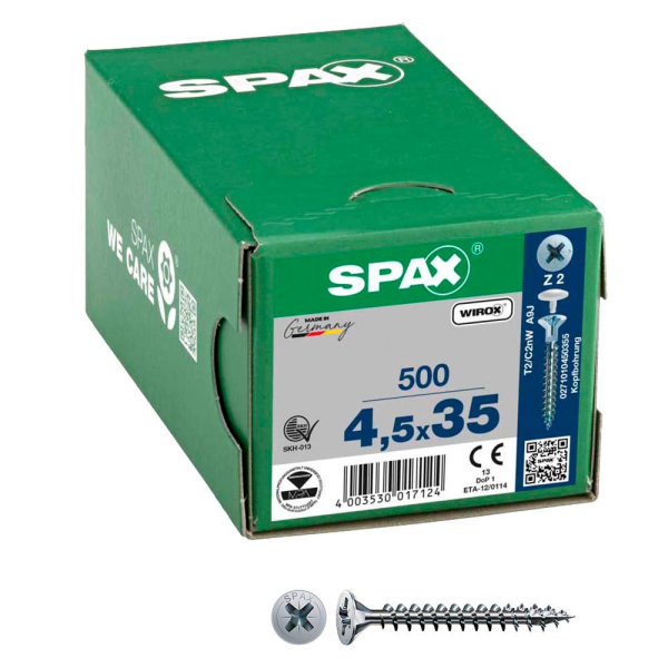 4003530017124 - Universalschraube mit Kopfbohrung 45 x 35 mm 500 Stück Vollgewinde Senkkopf Kreuzschlitz Z2 - 0271010450355 - Spax 4003530017124 - Universalschraube mit Kopfbohrung 45 x 35 mm 500 Stück Vollgewinde Senkkopf Kreuzschlitz Z2 - 0271010450355 - Spax