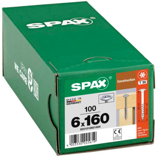 4003530245619 - Hiforce 6 x 160 mm 100 Stück Teilgewinde Tellerkopf t-star plus T30 4CUT wirox - 0251010601605 - Spax