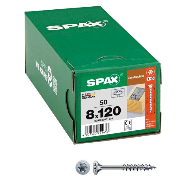 4003530245657 - Hiforce 8 x 120 mm 50 Stück Vollgewinde Tellerkopf t-star plus T40 4CUT wirox - 0251010801205 - Spax 4003530245657 - Hiforce 8 x 120 mm 50 Stück Vollgewinde Tellerkopf t-star plus T40 4CUT wirox - 0251010801205 - Spax