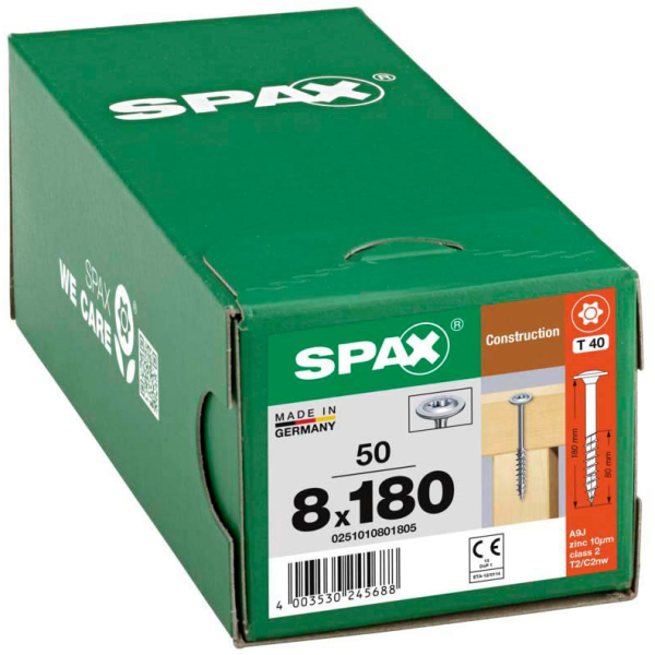 4003530245688 - Hiforce 8 x 180 mm 50 Stück Teilgewinde Tellerkopf t-star plus T40 4CUT wirox - 0251010801805 - Spax 4003530245688 - Hiforce 8 x 180 mm 50 Stück Teilgewinde Tellerkopf t-star plus T40 4CUT wirox - 0251010801805 - Spax