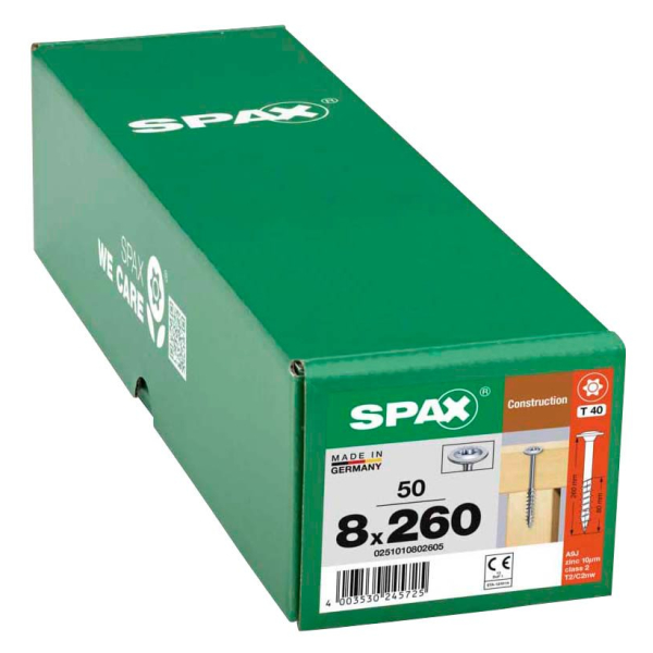 4003530245725 - Hiforce 8 x 260 mm 50 Stück Teilgewinde Tellerkopf t-star plus T40 4CUT wirox - 0251010802605 - Spax 4003530245725 - Hiforce 8 x 260 mm 50 Stück Teilgewinde Tellerkopf t-star plus T40 4CUT wirox - 0251010802605 - Spax