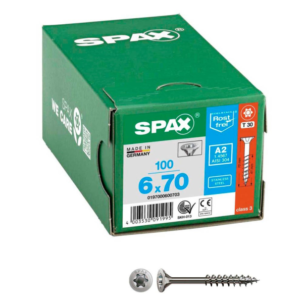 4003530091995 - Edelstahlschraube 6 x 70 mm 100 Stück Teilgewinde Senkkopf t-star plus T30 4CUT - 0197000600703 - Spax 4003530091995 - Edelstahlschraube 6 x 70 mm 100 Stück Teilgewinde Senkkopf t-star plus T30 4CUT - 0197000600703 - Spax