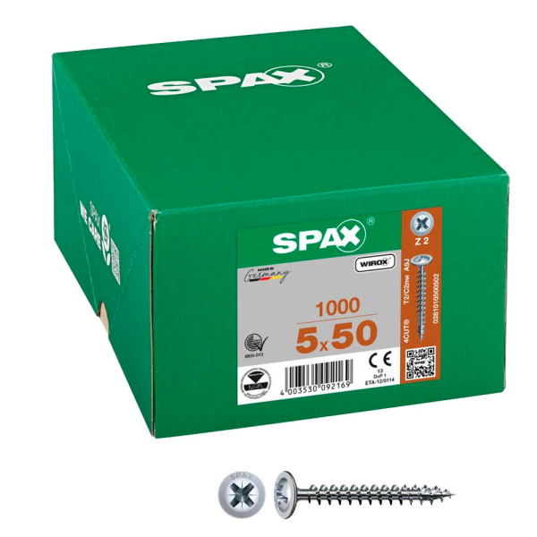 4003530092169 - Universalschraube 5 x 50 mm 1000 Stück Vollgewinde Rückwandkopf Kreuzschlitz Z2 4CUT wirox - 0281010500502 - Spax 4003530092169 - Universalschraube 5 x 50 mm 1000 Stück Vollgewinde Rückwandkopf Kreuzschlitz Z2 4CUT wirox - 0281010500502 - Spax