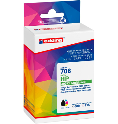 EDD-708  schwarz, color Druckerpatronen kompatibel zu HP 303XL (T6N04AET6N03AE), 2er-Set