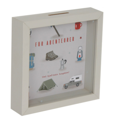 Spardose Kasten (mittel) 746105 , "F&uuml;r Abenteurer, viel Spa&szlig; beim Ausgeben!"