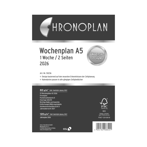 4004182088401 - Kalendereinlage 50236 Kalendarium 2 Seiten   1 Woche 148x21cm (BxH) (A5) 2026 4004182088401 Chronoplan