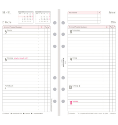 Kalendereinlage 50256, Wochenplan, 1 Woche / 2 Seiten, 9,6x17,2cm (BxH) (Midi), 2027