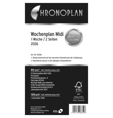 Kalendereinlage 50546, in Spalten eine Woche / zwei Seiten,  (Midi (9,6x17,2cm))