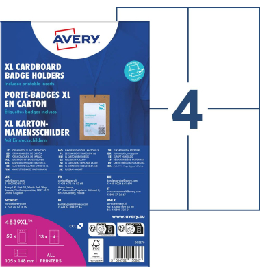 13 AVERY Zweckform XL Karton Namensschilder 14,8 x 10,5 cm