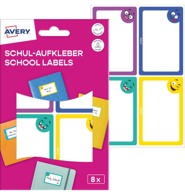 Schuletiketten Gesichter, farblich sortiert, 8 Etiketten