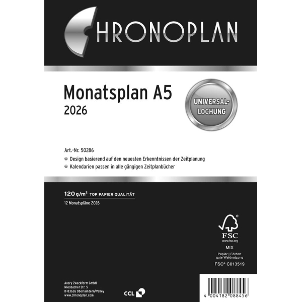 4004182088456 - Kalendereinlage 50286 Monatsplan Monatsplan  (A5) 2026 4004182088456 Chronoplan