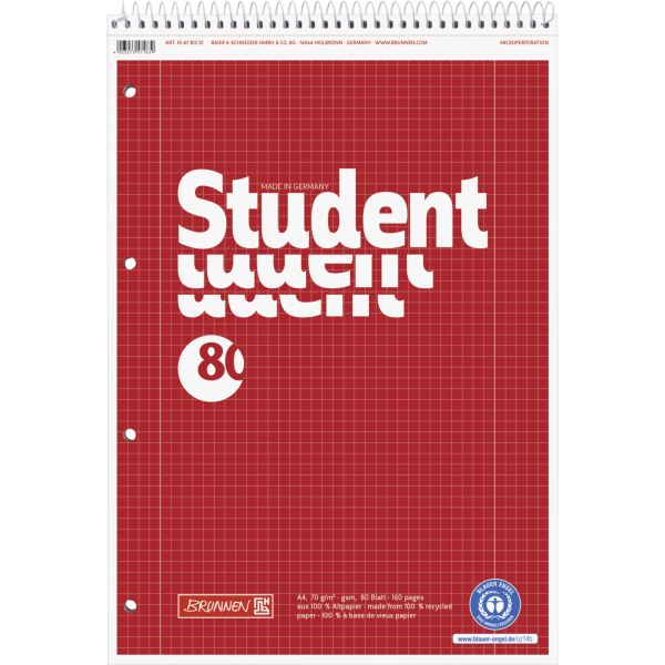 4003273571839 - Notizblock 106781201 Student Recycling kariert mit Rand innen außen A4 70g rot 80 Blatt 4003273571839 Brunnen