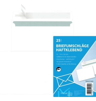 Briefumschlag DIN C6, ohne Fenster, haftkelbend, wei&szlig;, 72g/qm, 25 St&uuml;ck