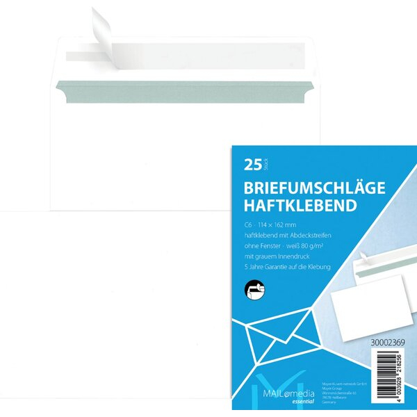 MailMedia Briefumschlag MAILmedia 30002369, C6 (114x162mm), ohne Fenster, haftklebend, 80g, weiß 4255704328851 MailMedia 25 Stück