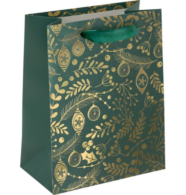 Geschenktasche Small, Golden ornaments on green, matte Oberfläche, mit Folienveredelung, Maße: 180 x 230 x 100 mm