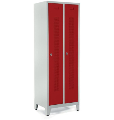 Garderobenspind, Füße, Drehriegelschloss, (H x B x T) 1800 x 590 x 500 mm, grau/rot Garderobenspind, Füße, Drehriegelschloss, (H x B x T) 1800 x 590 x 500 mm, grau/rot
