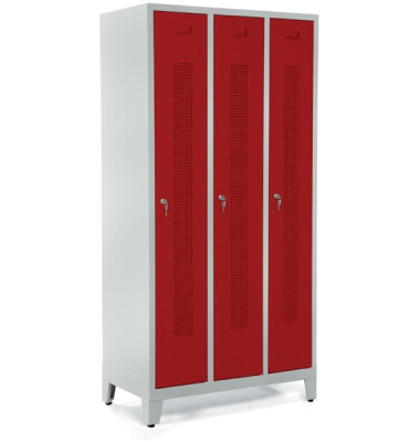 Garderobenspind, Füße, Zylinderschloss, (H x B x T) 1800 x 870 x 500 mm, grau/rot Garderobenspind, Füße, Zylinderschloss, (H x B x T) 1800 x 870 x 500 mm, grau/rot