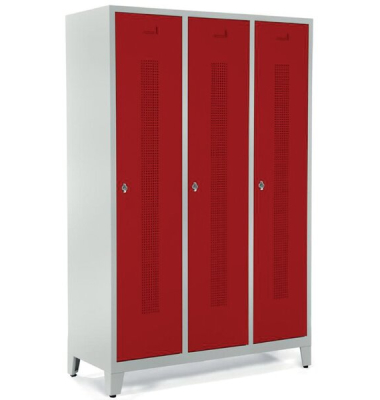 Garderobenspind, Füße, Drehriegelschloss, (H x B x T) 1800 x 1185 x 500 mm, grau/rot Garderobenspind, Füße, Drehriegelschloss, (H x B x T) 1800 x 1185 x 500 mm, grau/rot