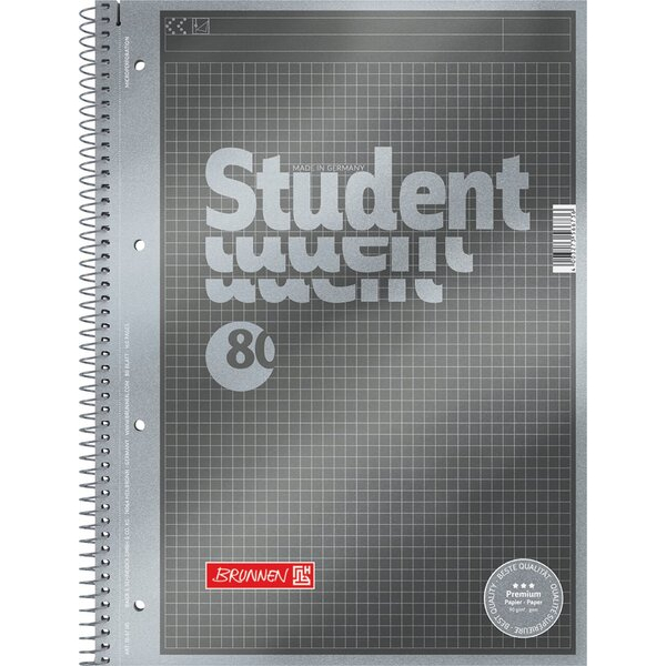 4003273566736 - BRUNNEN Premium Student Collegeblock Spiralbindung DIN A4 Kariert Anthrazit 80 Blatt