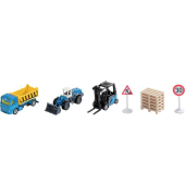 Geschenkset Baustelle, Inhalt LKW, Gabelstpler, Radlader, Paletten, Straßenschilder, MetallKunststoff