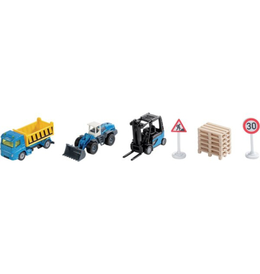 Geschenkset Baustelle, Inhalt LKW, Gabelstpler, Radlader, Paletten, Straßenschilder, MetallKunststoff