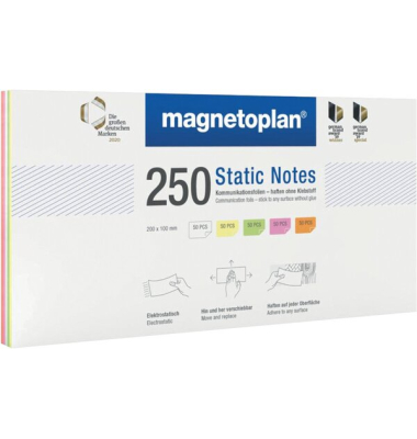 Notes Static, 200 x 100 mm, haftend durch statische Aufladung, sortiert in weiß, gelb, grün rosa, orange