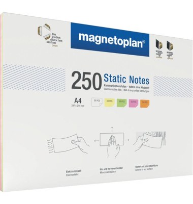 Notes Static, DIN A4, haftend durch statische Aufladung, sortiert in weiß, gelb, grün rosa, orange