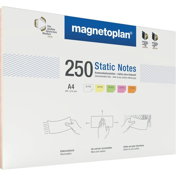Magnetoplan Notes Static, DIN A4, 250 Stück, haftend durch statische Aufladung, sortiert in weiß, gelb, grün rosa, orange 4013695060910 Magn 250 Stück
