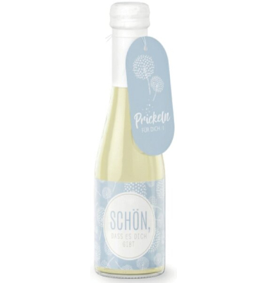 feiner Perlwein 0,2L, Botschaft auf der Flasche, Motiv Pusteblume