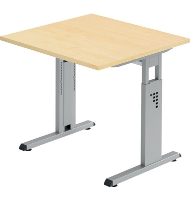 Schreibtisch O-Serie, manuell h&ouml;henverstellbar, 65-85cm (H), 80x80cm (BxT), quadratisch, ahorn / silber