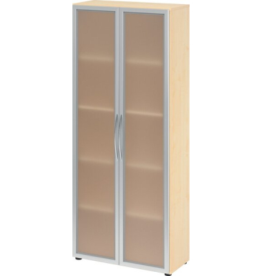 Glastürenschrank 4200, 5 Ordnerhöhen, 1880 x 800 x 349mm, Milchglas, ahorn
