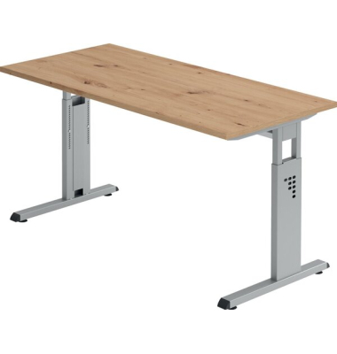 Schreibtisch O-Serie mini, manuell h&ouml;henverstellbar, 65-85cm (H), 140x67cm (BxT), rechteckig, asteiche / silber