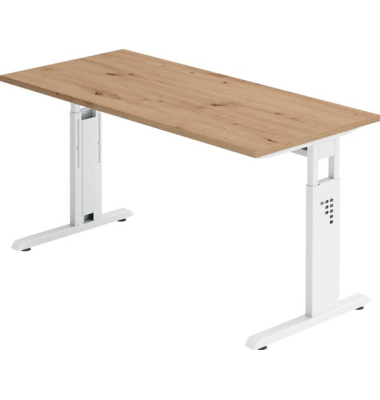 Schreibtisch O-Serie mini, manuell h&ouml;henverstellbar, 65-85cm (H), 140x67cm (BxT), rechteckig, asteiche / wei&szlig;