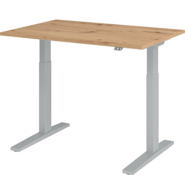 Sitz-Steh-Schreibtisch XMKA, elektrisch h&ouml;henverstellbar, 70-120cm (H), 120x80cm (BxT), rechteckig, asteiche / silber