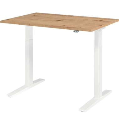 Sitz-Steh-Schreibtisch XMKA, elektrisch h&ouml;henverstellbar, 70-120cm (H), 120x80cm (BxT), rechteckig, asteiche / wei&szlig;