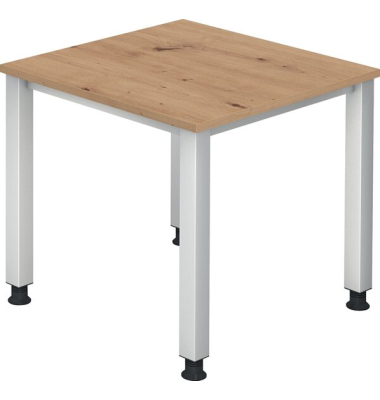 Schreibtisch Q-Serie, manuell h&ouml;henverstellbar, 68-83,5cm (H), 80x80cm (BxT), quadratisch, asteiche / silber