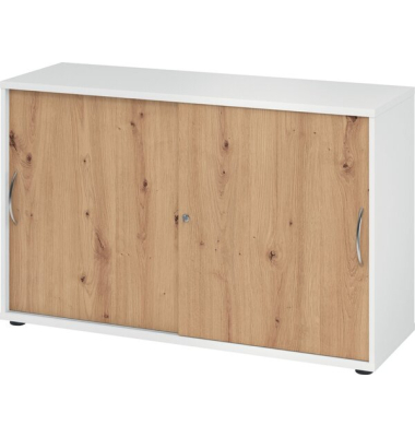 Schiebetürenschrank 1752, (H x B x T) 748 x 120 x 400 mm, 2 Ordnerhöhen, abschließbar, weiß/asteiche