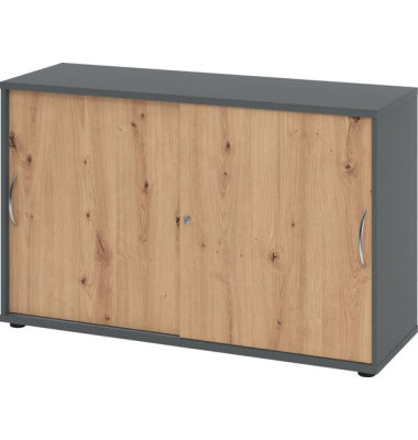 Schiebetürenschrank 1752, (H x B x T) 748 x 120 x 400 mm, 2 Ordnerhöhen, abschließbar, graphit/asteiche
