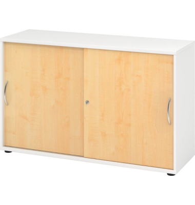 Schiebetürenschrank 1752, (H x B x T) 748 x 120 x 400 mm, 2 Ordnerhöhen, abschließbar, weiß/ahorn