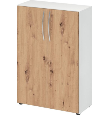 Flügeltürenschrank 450, 1144 x 800 x 346 mm, 3 Ordnerhöhen, 2 Fachböden, weiß/asteiche