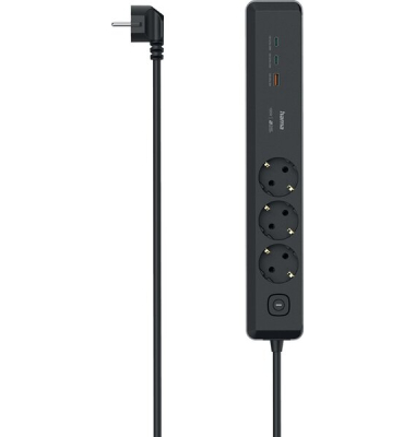 Steckdosenleiste, 3-fach, 45° gedreht, 2x USB-C, USB-Typ-A, mit Schalter, Kabellänge 1,4 m, schwarzgrau