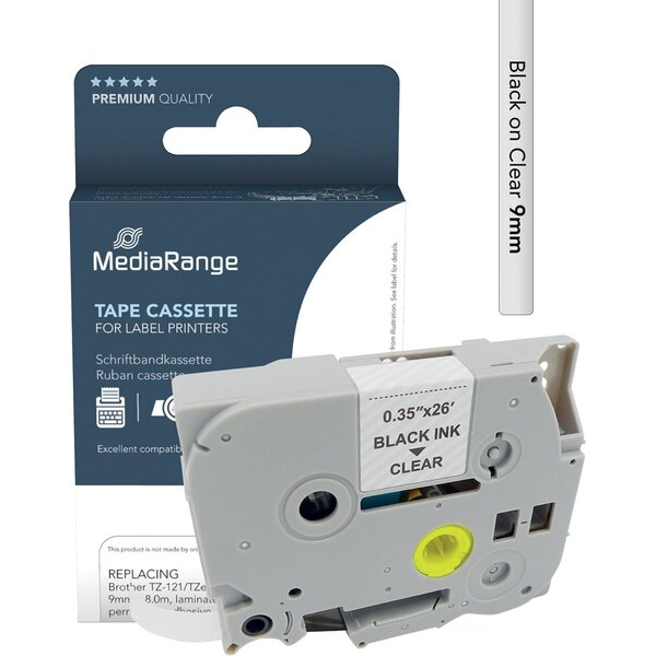4260459618256 - Mediarange - Plastic tape cassette for label printers using Brother TZ-121 TZe-121 permanent adhesive 9mm 8m laminated black on clear (MRBTZ121)