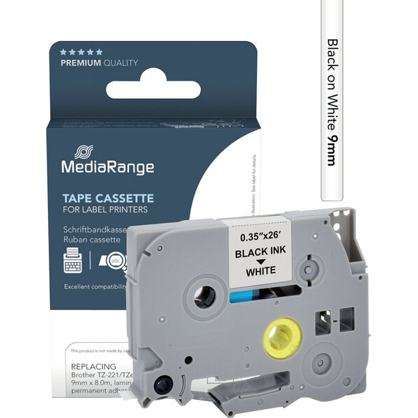 4260459618317 - Schriftband kompatibel zu Brother TZe-221 Permanent haftend 9 mm Länge 8 m schwarz auf weiß 4260459618317 MediaRange
