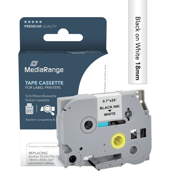 4260459618393 - Plastic tape cassette for label printers using Brother TZ-241 TZe-241 permanent adhesive 18mm 8m laminated black on white (MRBTZ241)