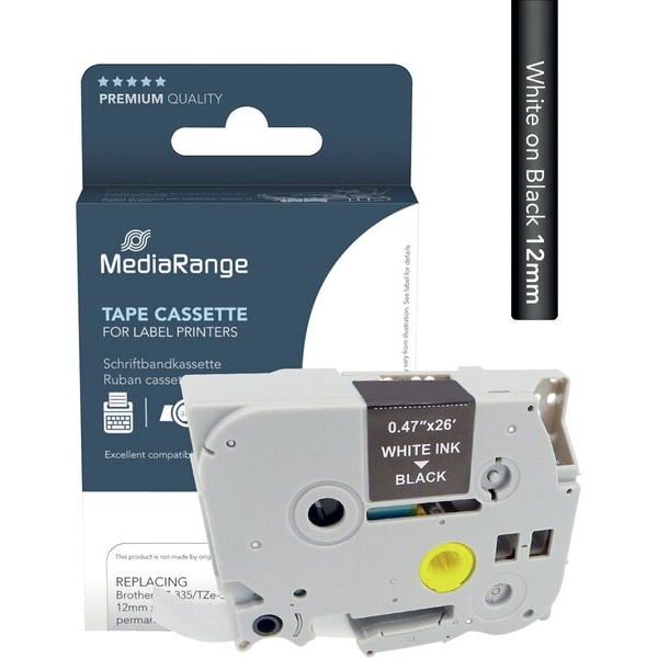 4260459618478 - Mediarange - Plastic tape cassette for label printers using Brother TZ-335 TZe-335 permanent adhesive 12mm 8m laminated white on black