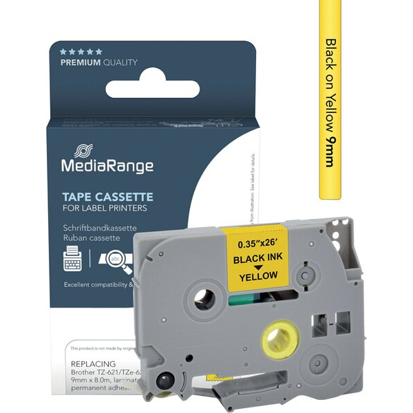 4260459618553 - MEDIARANGE MRBTZ621 - Schwarz auf gelb - TZ TZe - Brother - P-Touch 1000 - 1010 - 1080 - 1090 - 1260VP - 1280 - 1280DT - 1290 - 1750 - 1830VP - 18R - 2030VP - 2100VP - 9 mm - 8 m