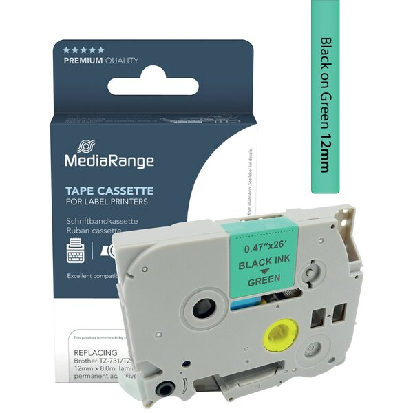 4260459618614 - Schriftband kompatibel zu Brother TZe-731 Permanent haftend 12 mm Länge 8 m schwarz auf grün 4260459618614 MediaRange