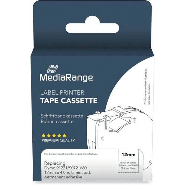 4260459619031 - Schriftband kompatibel zu Dymo 91221S0721660 12 mm x 4 m permanent haftend schwarz auf weiß 4260459619031 MediaRange
