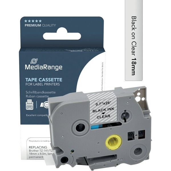 4260664874324 - Schriftband kompatibel zu Brother TZe-141 Permanent haftend 18 mm Länge 8 m schwarz auf transparent 4260664874324 MediaRang