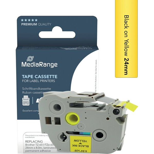 4260664874386 - Schriftband kompatibel zu Brother TZe-651 Permanent haftend 24 mm Länge 8 m schwarz auf gelb 4260664874386 MediaRange